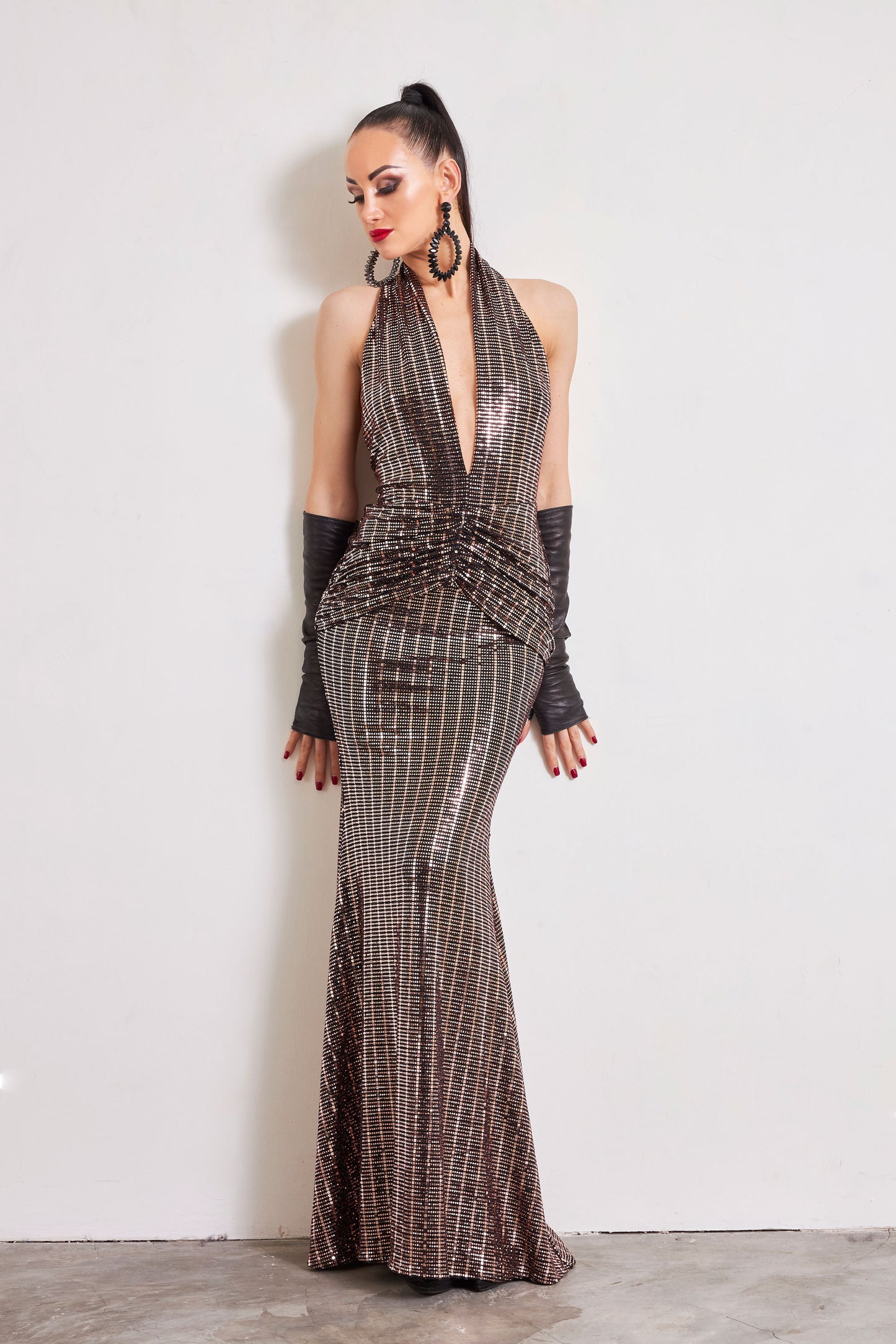 Deep-V Pleated Evening Dress