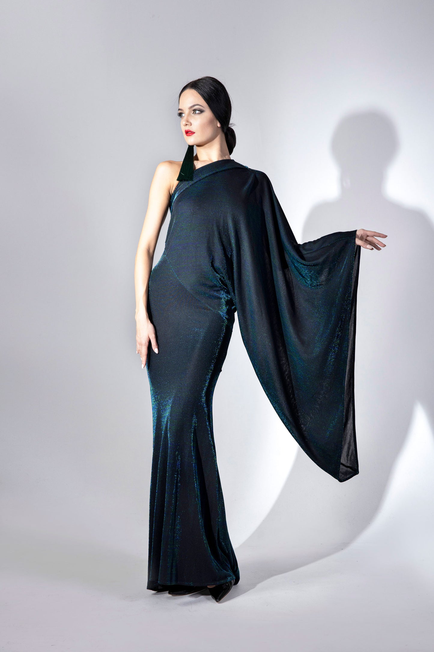 Asymmetric Cape Sleeve Evening Dress