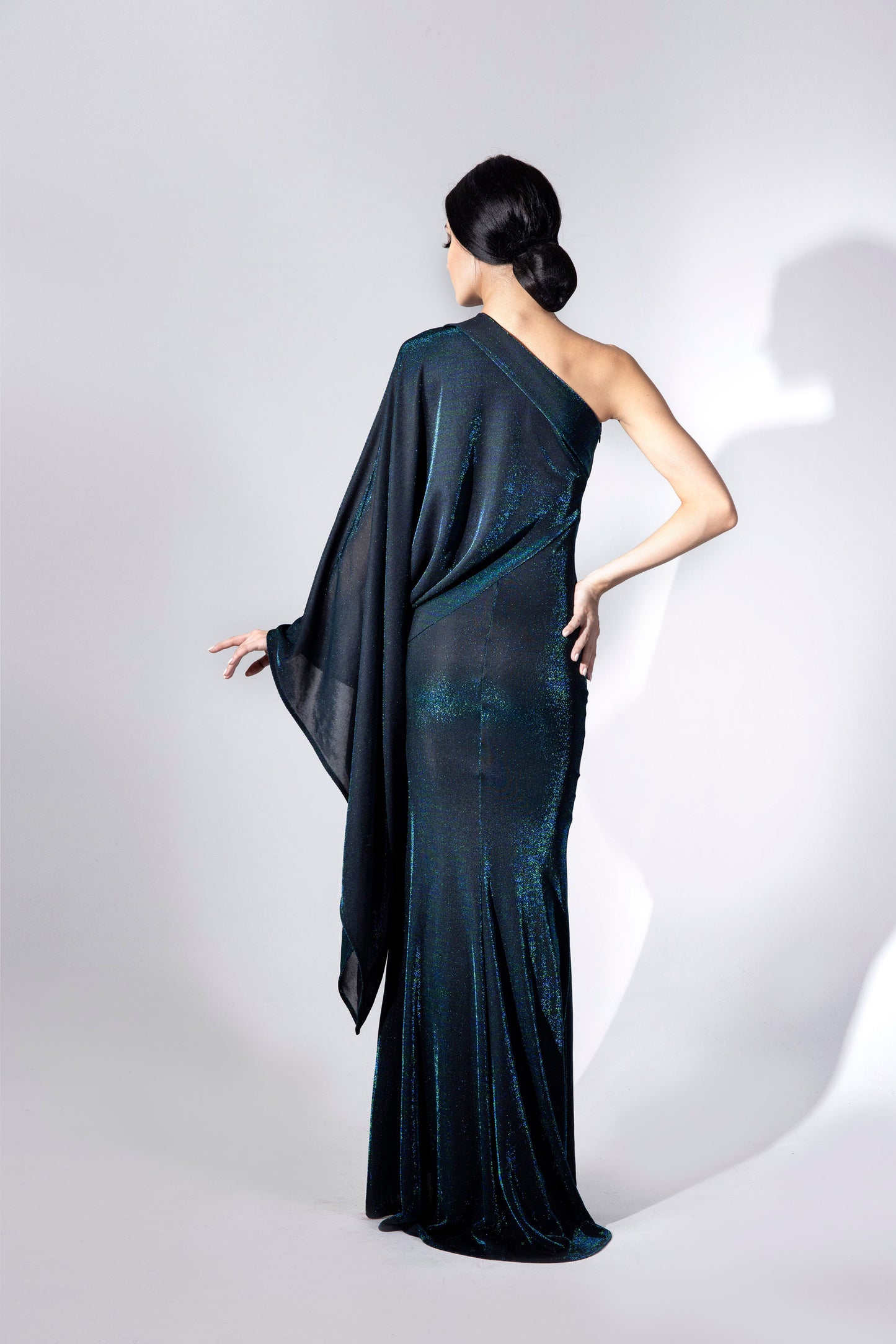 Asymmetric Cape Sleeve Evening Dress