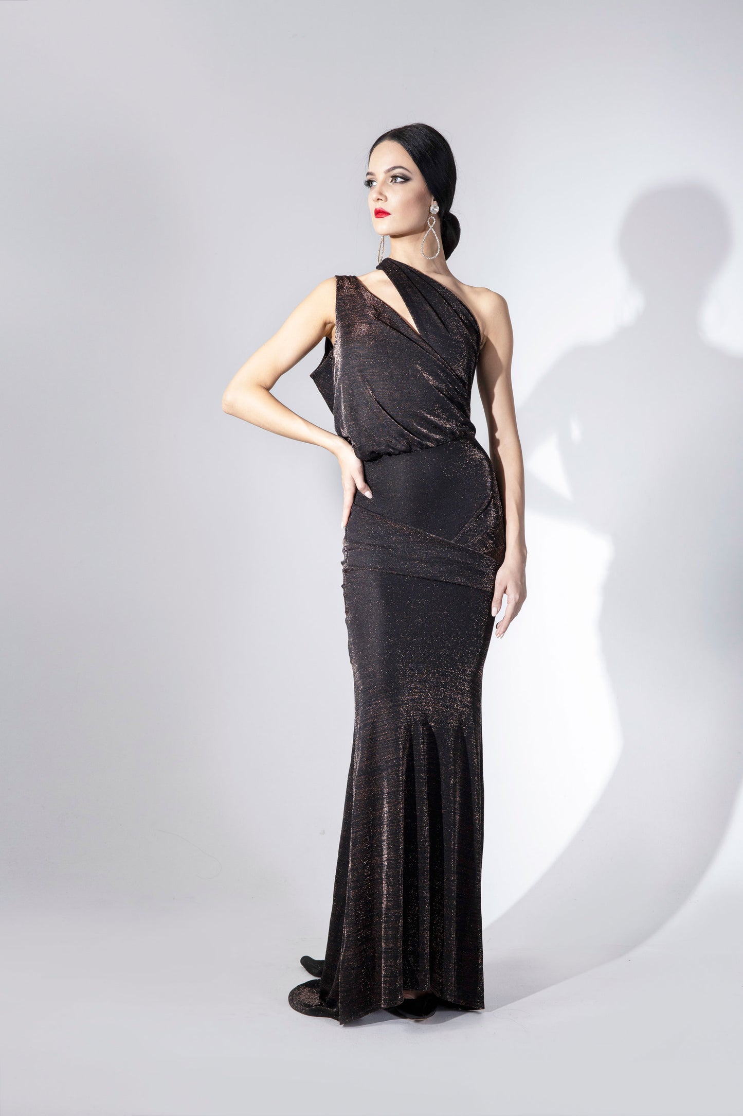 Asymmetric Deep-V Velvet Shine Evening Dress