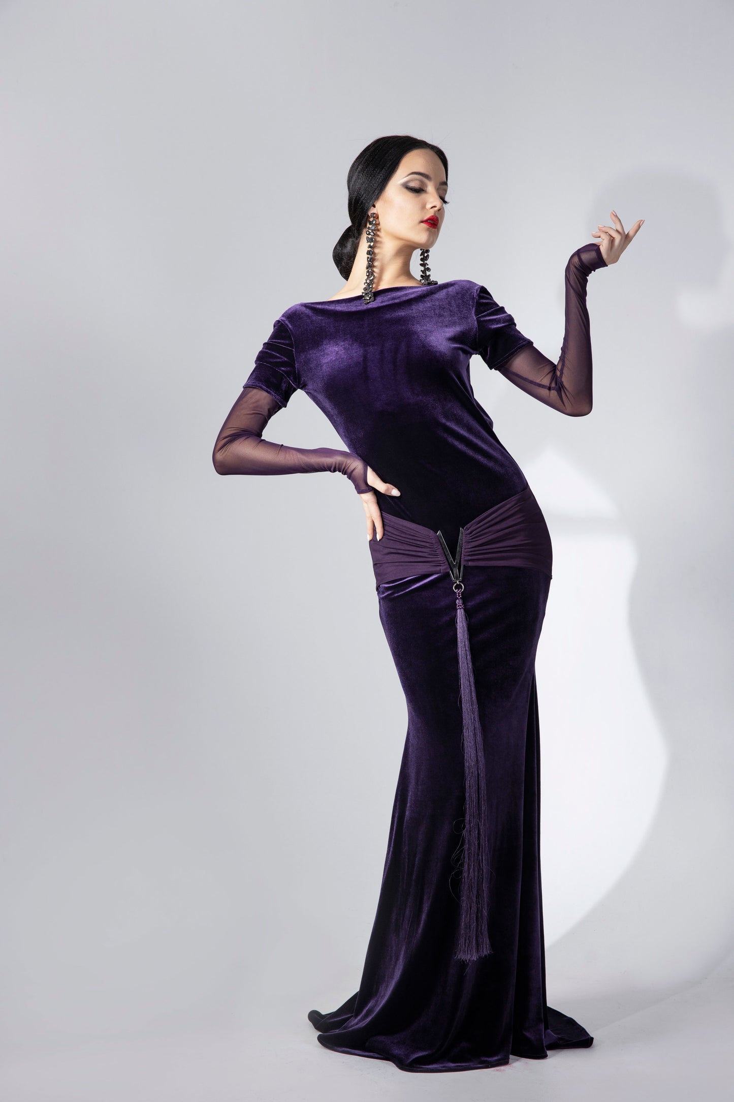 Mesh Long Sleeves Velvet Evening Dress