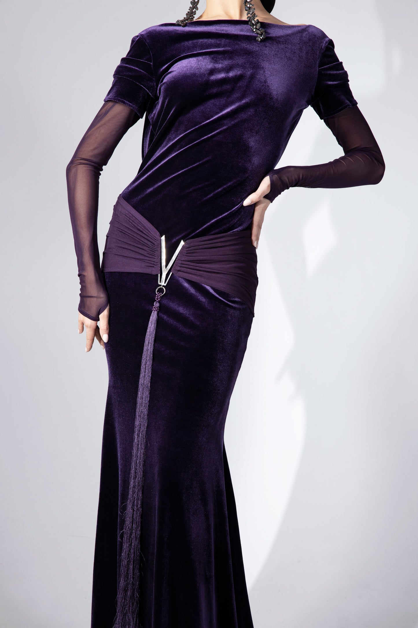 Mesh Long Sleeves Velvet Evening Dress