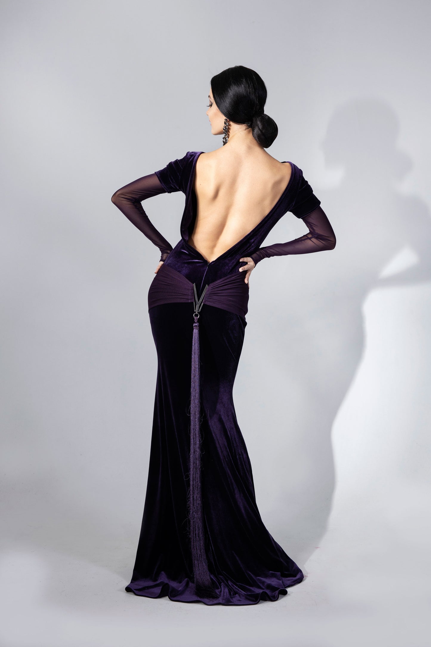 Mesh Long Sleeves Velvet Evening Dress