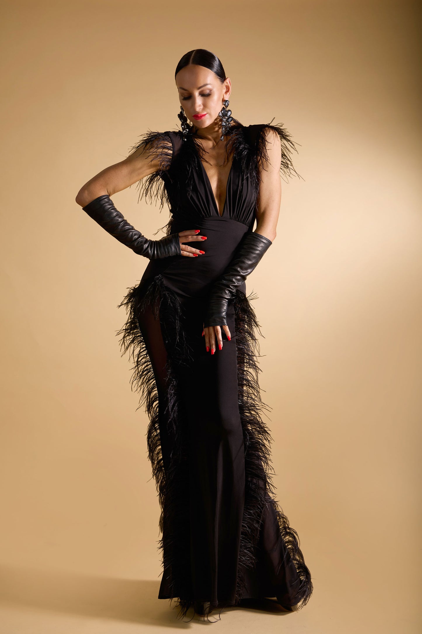 Deep-V Sleeveless Feather Evening Dress