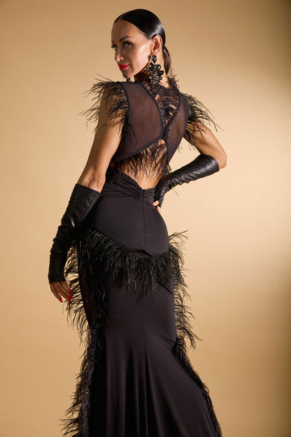 Deep-V Sleeveless Feather Evening Dress
