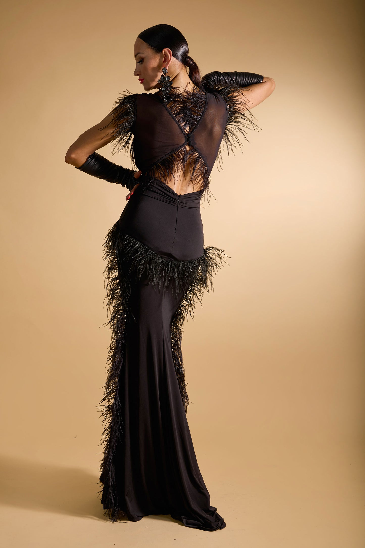 Deep-V Sleeveless Feather Evening Dress