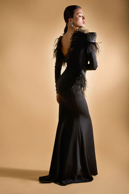 Long Sleeves Feather Evening Dress
