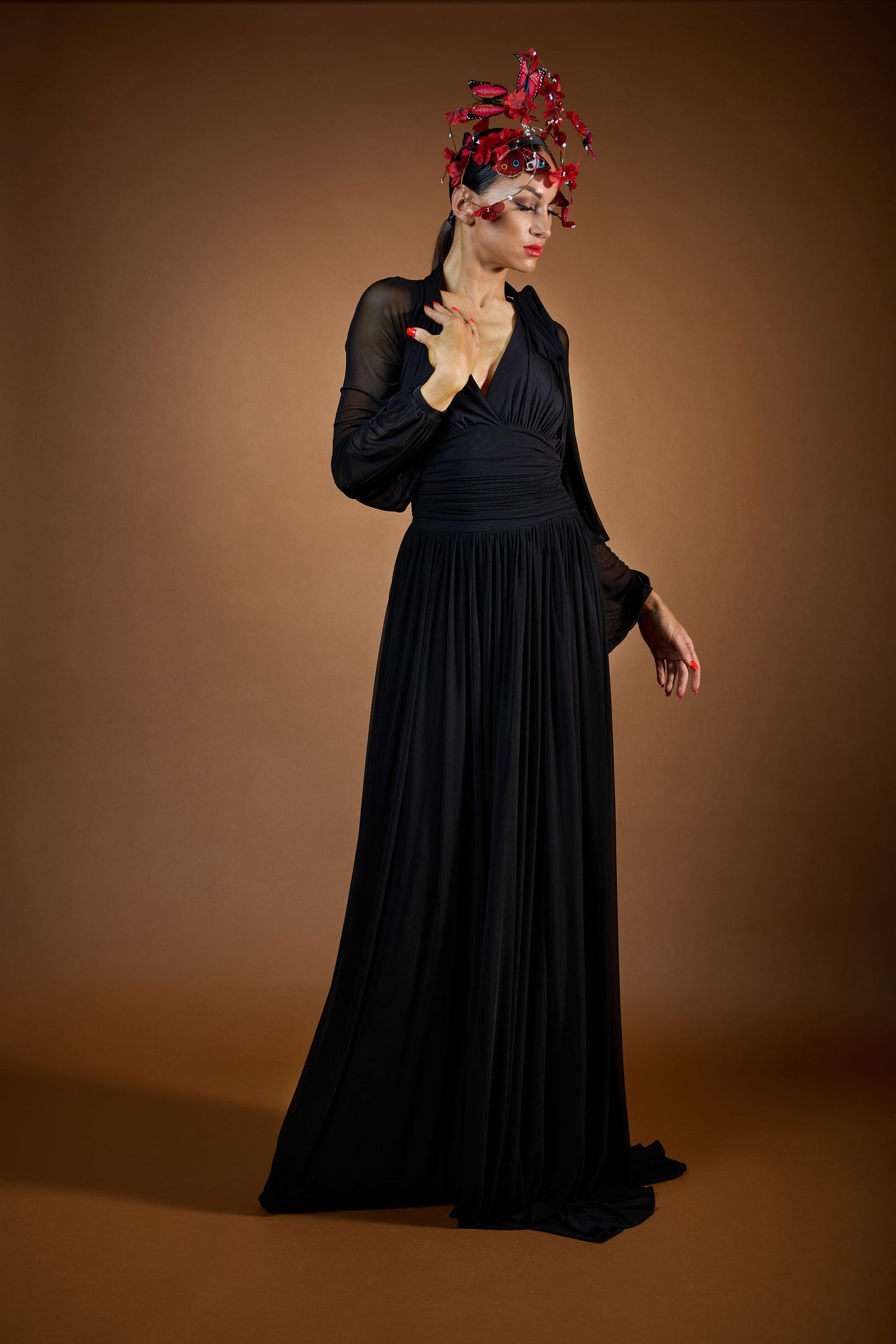 Deep-V Long Sleeves Evening Dress