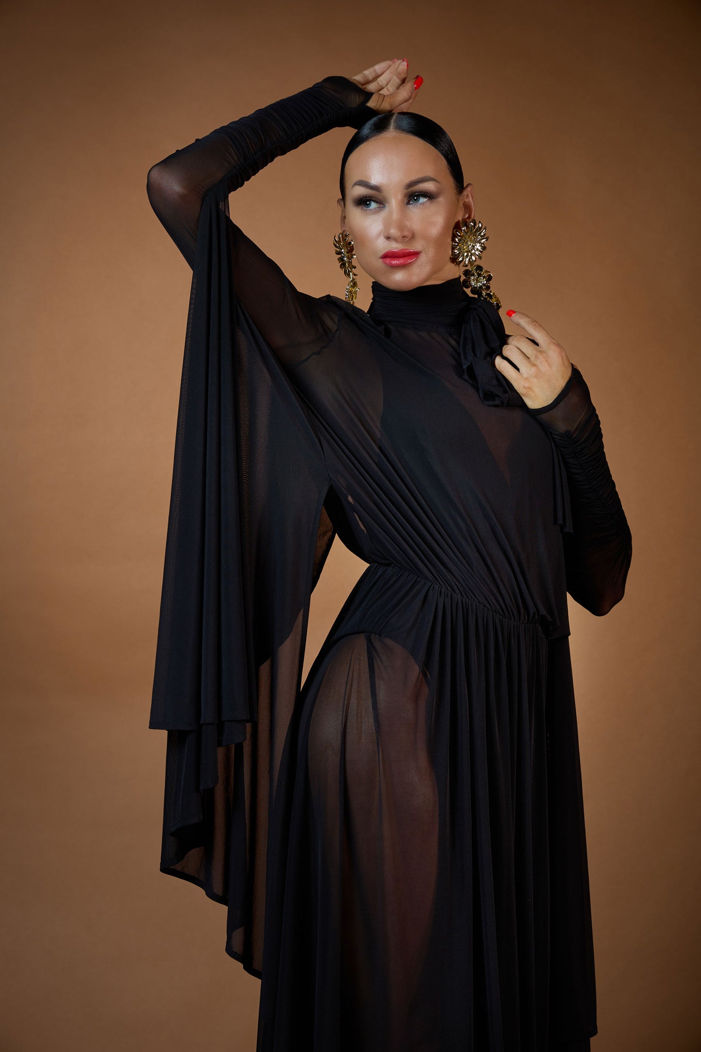 Turtle Neck Long Sleeves Draped Evening Dress