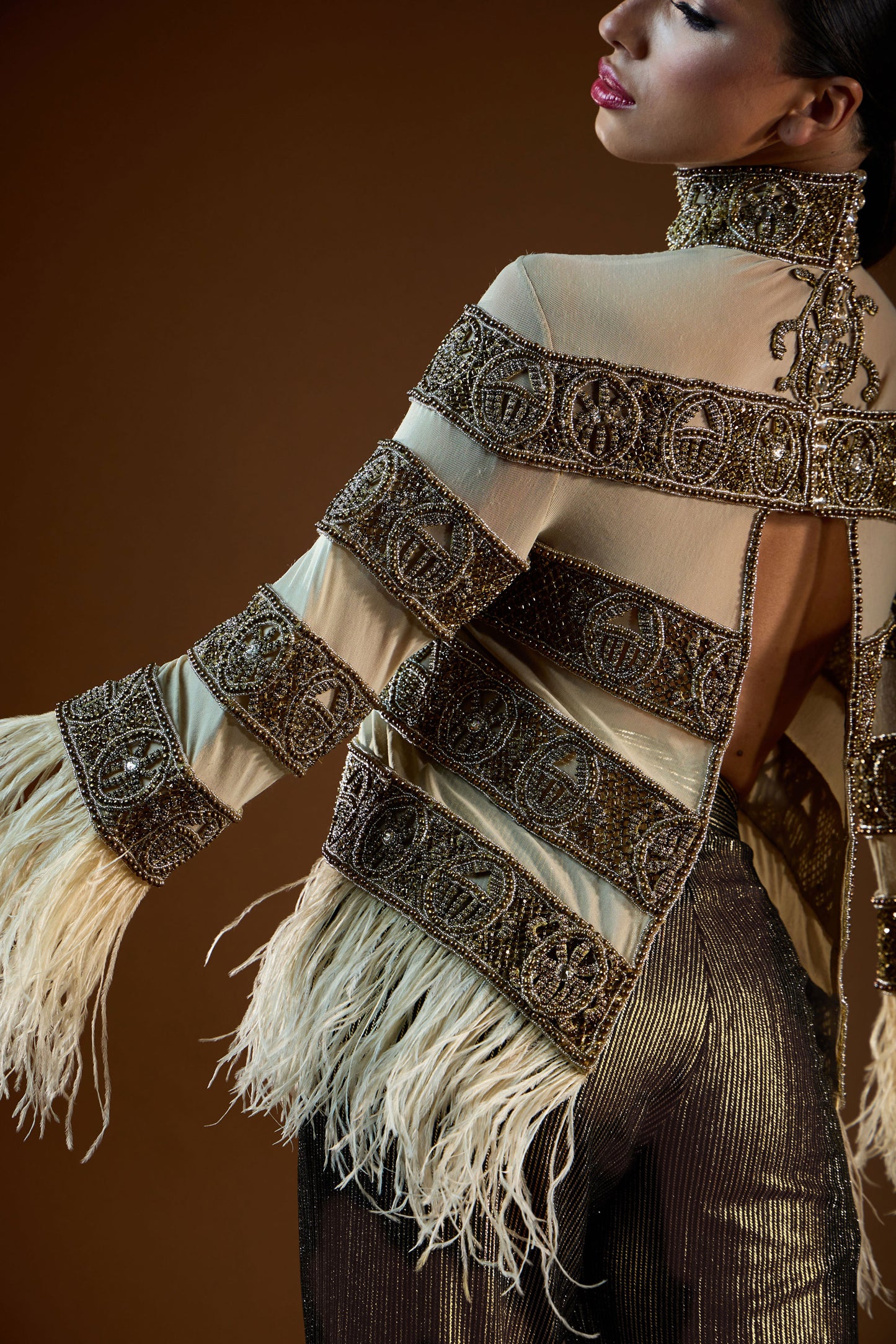 Heavy Beaded Sheer Top with Feather