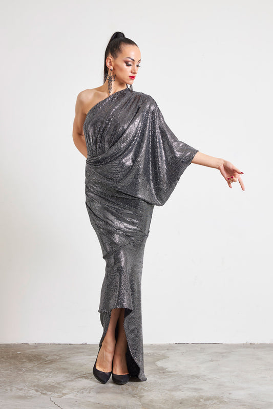 Asymmetric Bat Wing Sleeve Evening Dress