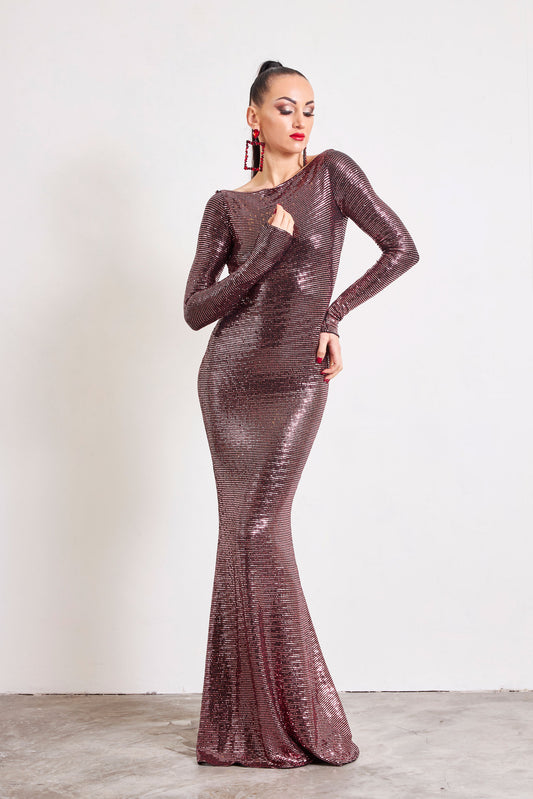 Boat Neck Long Sleeves Evening Dress