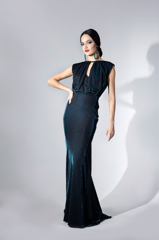 V-Neck Cap Sleeves Evening Dress