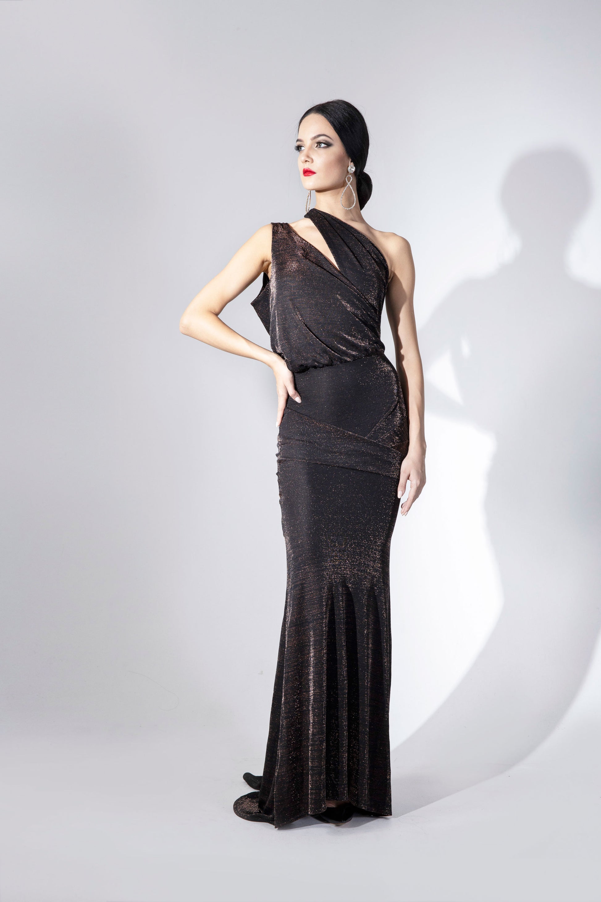 Asymmetric Deep-V Velvet Shine Evening Dress – ESPEN SALBERG HAUTE