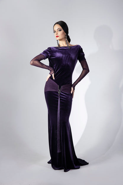 Mesh Long Sleeves Velvet Evening Dress