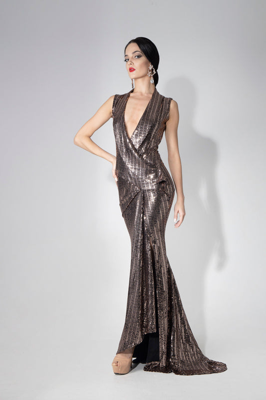 Deep-V Collar Evening Dress