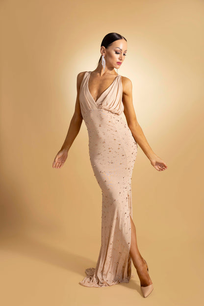 Sleeveless V-Neck Rainy Stone Evening Dress