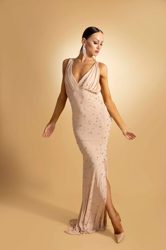 Sleeveless V-Neck Rainy Stone Evening Dress
