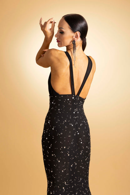 Sleeveless V-Neck Rainy Stone Evening Dress