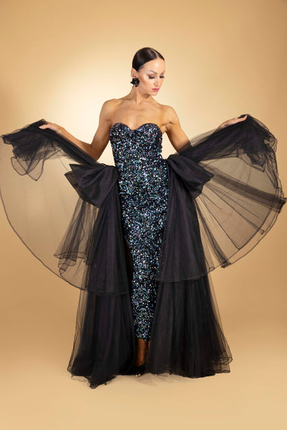 Shimmer Evening Dress with Mesh Ruffles Details