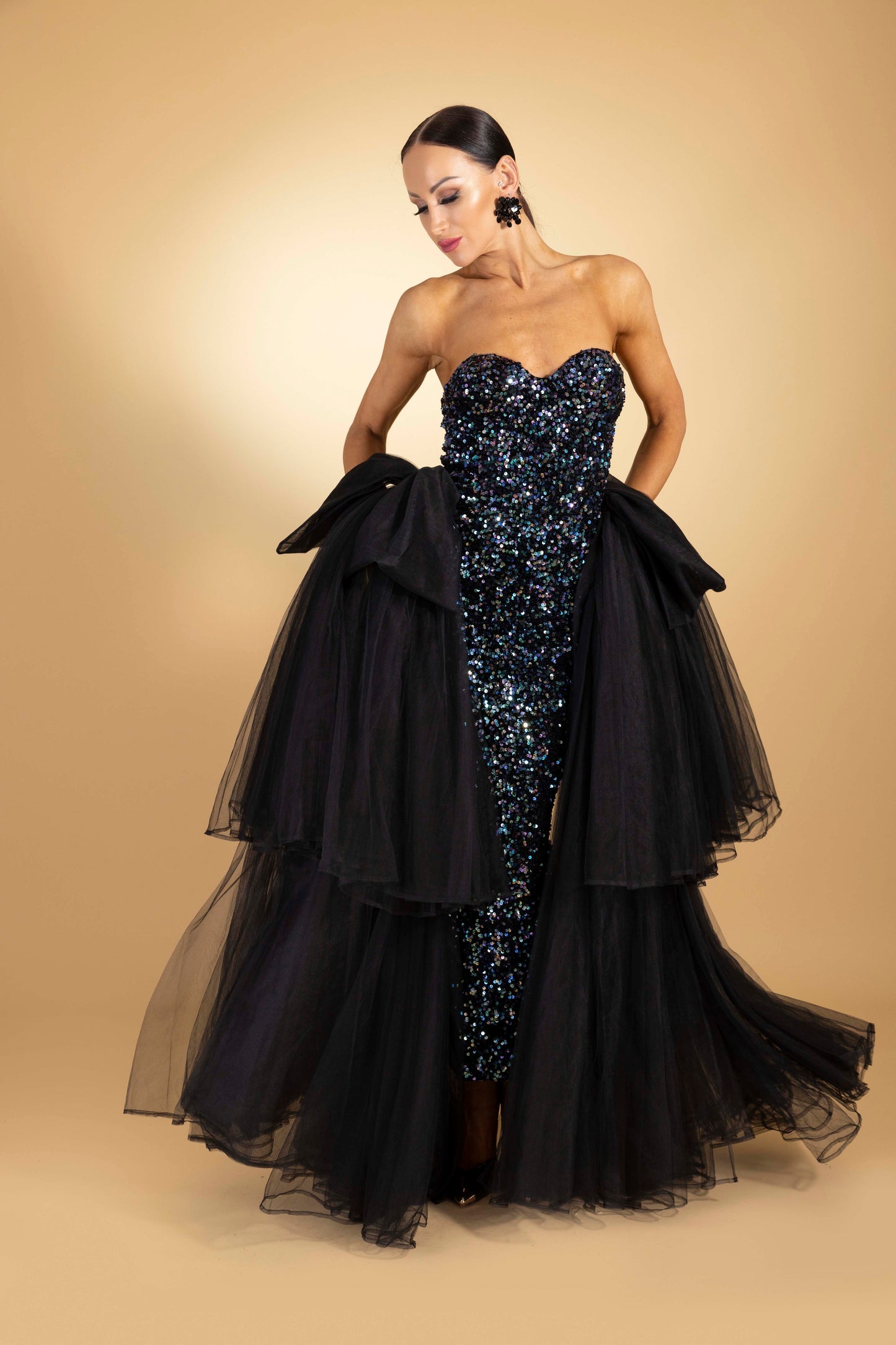 Shimmer Evening Dress with Mesh Ruffles Details