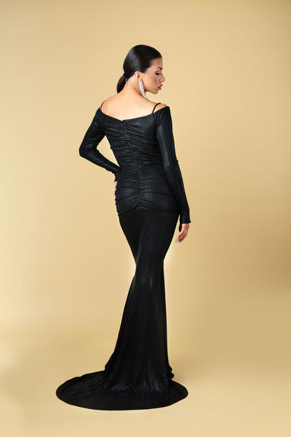 Off-Shoulder Buckle Long Sleeves Evening Dress