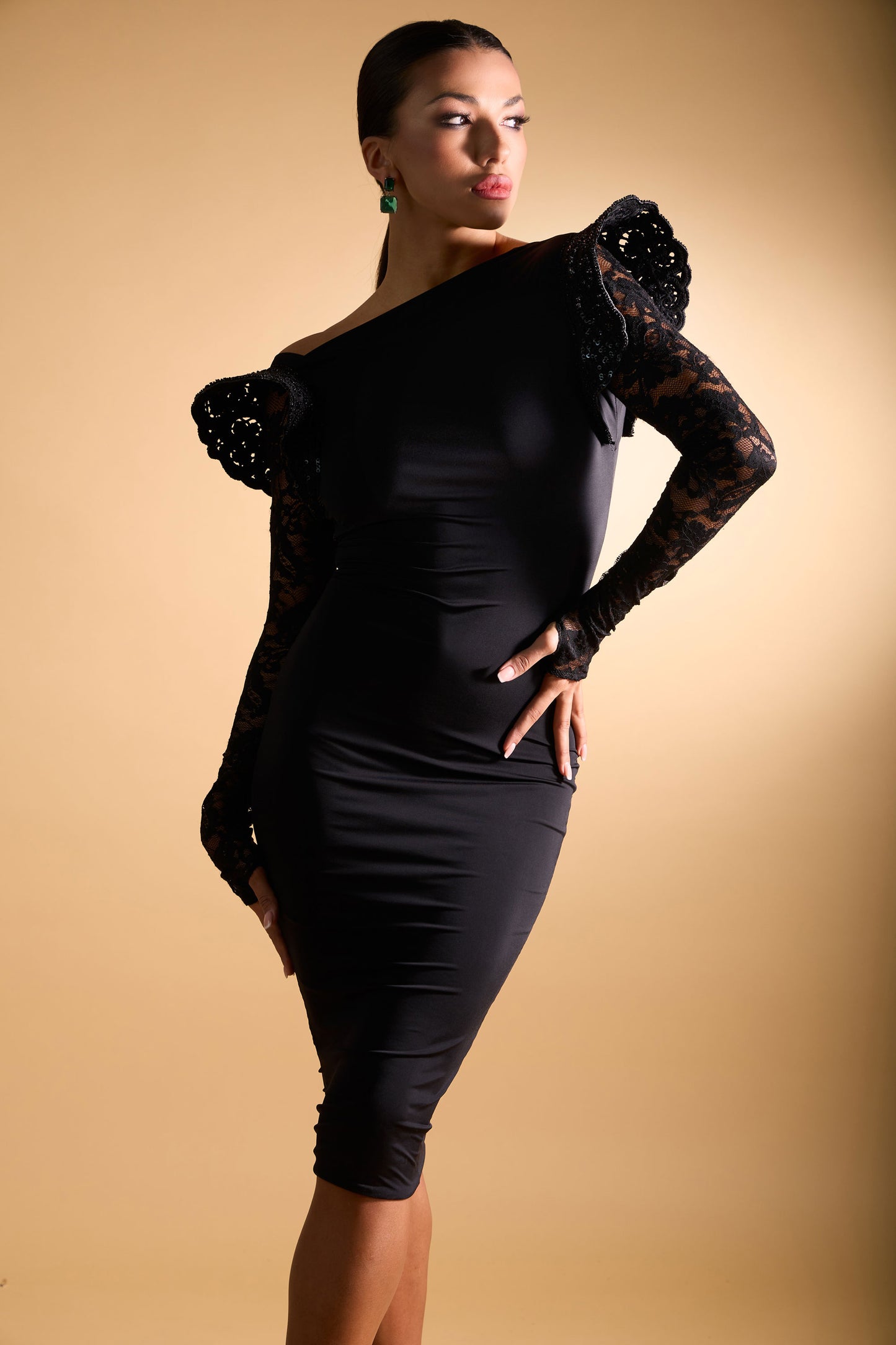 Asymmetric Long Lace Sleeves Cocktail Dress