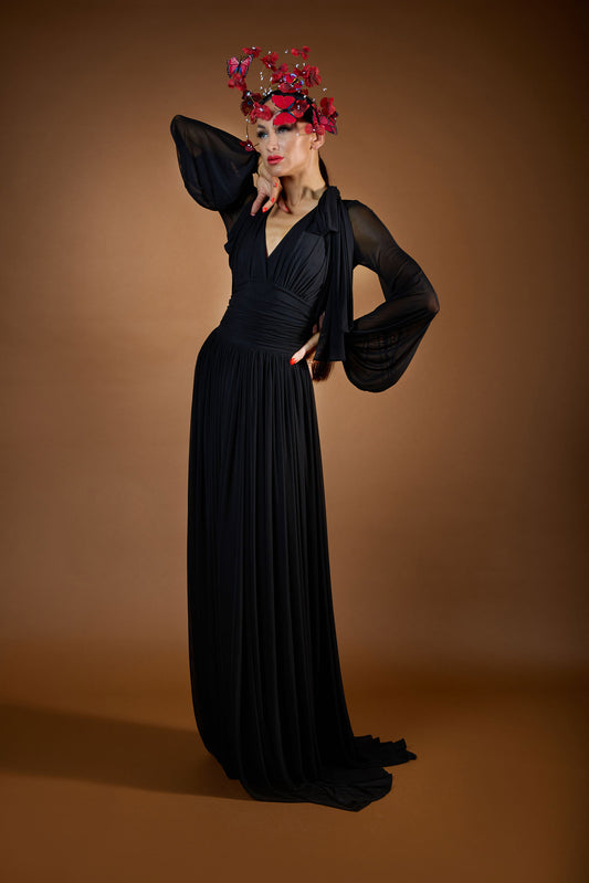 Deep-V Long Sleeves Evening Dress