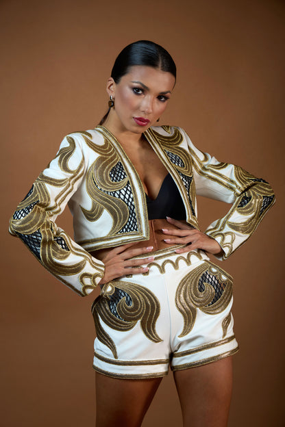 Heavy Beaded Long Sleeves Short Blazer