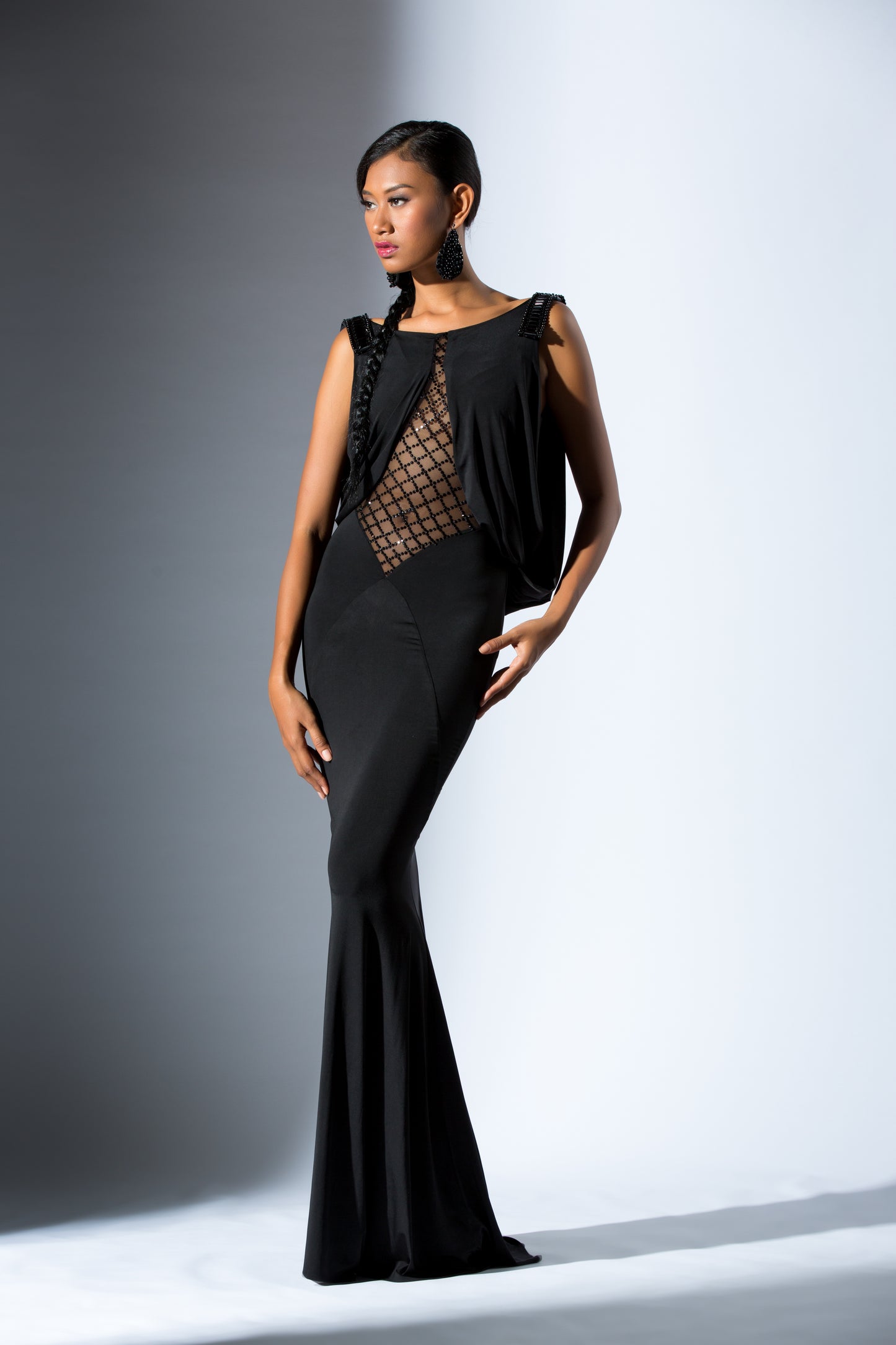 Beaded Shoulder Sleeveless Evening Dress