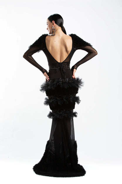 Beaded Tulle Ruffles Long Skirt