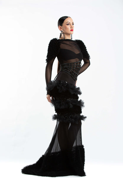 Beaded Tulle Ruffles Long Skirt