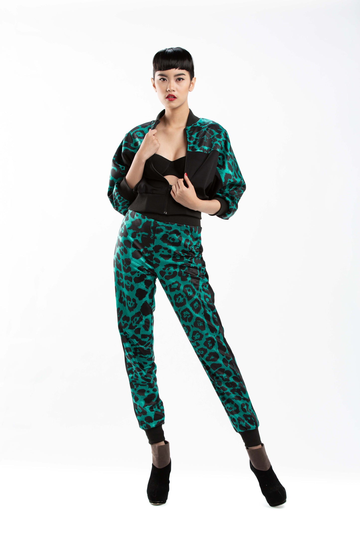 Green Leo Print Bomber Jacket